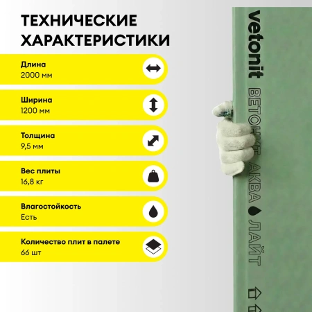 Гипсокартон влагостойкий Vetonit (Gyproc) Аква Лайт 9,5х1200х2000 мм (66)