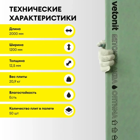 Гипсокартон влагостойкий Vetonit (Gyproc) Аква Оптима 12,5х1200х2000 мм (50)