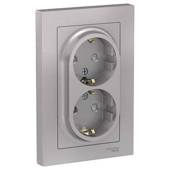 Systeme Electric AtlasDesign Алюминий Розетка с/з двойная, со шторками, 16А, в сборе