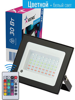 Прожектор светодиодный с пультом RGB 30Вт 6500К IP65 2400лм 20 режимов работы КОСМОС K_PR5_LED_30RGB