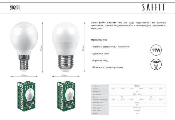 Лампа светодиодная SAFFIT SBG4511 Шарик E14 11W 230V 4000K 55138