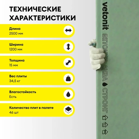 Гипсокартон влагостойкий Vetonit (Gyproc) Аква Стронг 15х1200х2500 мм высокопрочный (46)