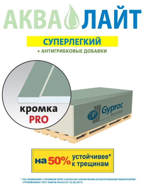 Гипсокартон (ГКЛВ) Gyproc Аква Лайт влагостойкий 2500х1200х9,5 мм