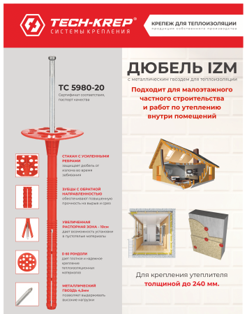 Дюбель для теплоизоляции Tech-Krep IZM 10х180 мм с металлическим гвоздем