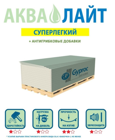 Гипсокартон (ГКЛВ) Gyproc Аква Лайт влагостойкий 2500х1200х9,5 мм