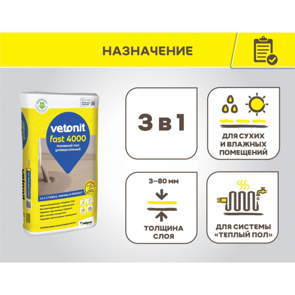 Наливной пол (Ровнитель) Vetonit Fast 4000 универсальный 5-80мм 20 кг (54)