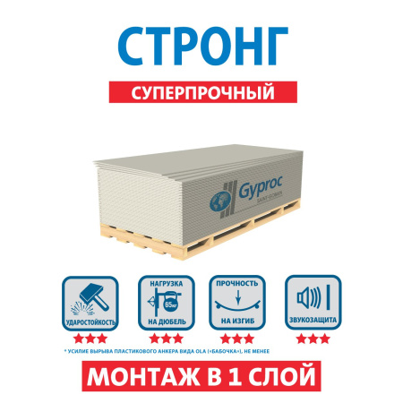 Гипсокартон (ГКЛ) Gyproc Стронг 2500х1200х15 мм высокопрочный (46) 88562