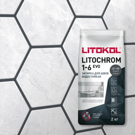 Затирка цементная Litokol Litochrom 1-6 EVO LE.140 мокрый асфальт 2 кг с противогрибковыми свойствам