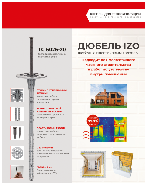 Дюбель для теплоизоляции Tech-Krep IZO 10х200 мм с полипропиленовым гвоздем