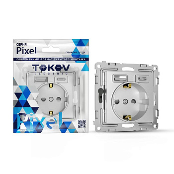 Розетка 1-м СП Pixel с заземл. с 2-мя заряд. устр. USB тип A+C IP20 механизм алюм. TOKOV ELECTRIC TKE-PX-R1U2AC-C03