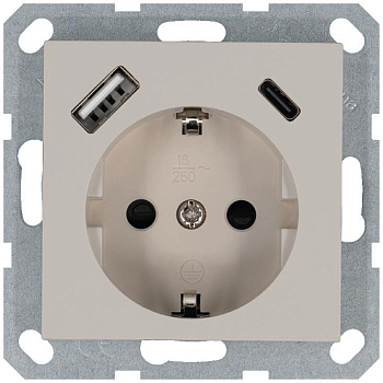 Розетка Shuko 16А с заземл. защ. шторки с 2-мя заряд. устройствами USB тип A+C 25Вт механизм тауп Jasmart G5501USB-25T